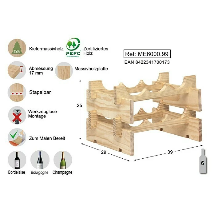 BAUHAUS Astigarraga Weinregal L X B X H: 29 X 39 X 25 Cm, Anzahl Flaschen: 6 Stk. 4 BAUHAUS Astigarraga Weinregal L X B X H: 29 X 39 X 25 Cm, Anzahl Flaschen: 6 Stk. – Bild 4