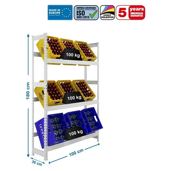 BAUHAUS Simonrack Simonbottle Metall-Getränkekistenregal Bottleclick L X B X H: 30 X 100 X 180 Cm, Traglast: 100 Kg/Boden, Anzahl Böden: 3, Weiß 3 BAUHAUS Simonrack Simonbottle Metall-Getränkekistenregal Bottleclick L X B X H: 30 X 100 X 180 Cm, Traglast: 100 Kg/Boden, Anzahl Böden: 3, Weiß – Bild 3