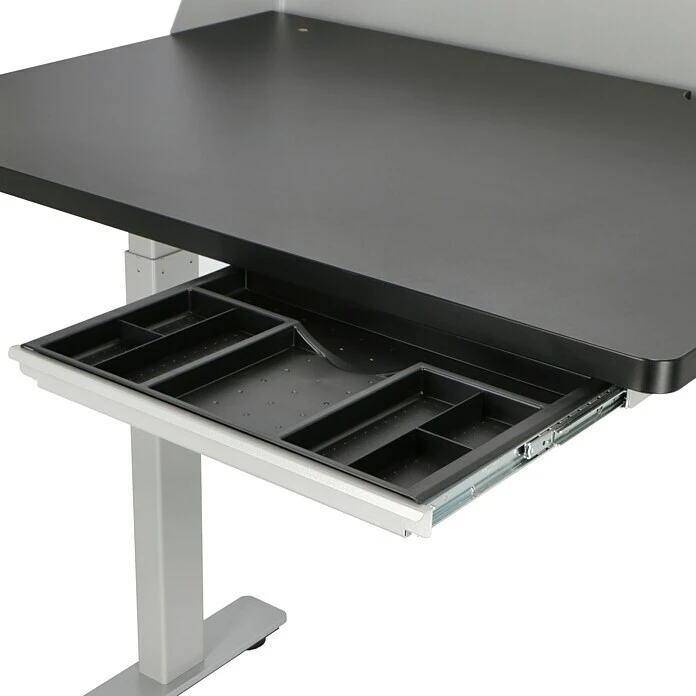 BAUHAUS Häfele Schreibtisch Job L B X L: 120 X 80 Cm, Höhenverstellung: 62,5 Cm - 127,5 Cm, Farbe Gestell: Weiß, Farbe Tischplatte: Schwarz 6 BAUHAUS Häfele Schreibtisch Job L B X L: 120 X 80 Cm, Höhenverstellung: 62,5 Cm - 127,5 Cm, Farbe Gestell: Weiß, Farbe Tischplatte: Schwarz – Bild 6